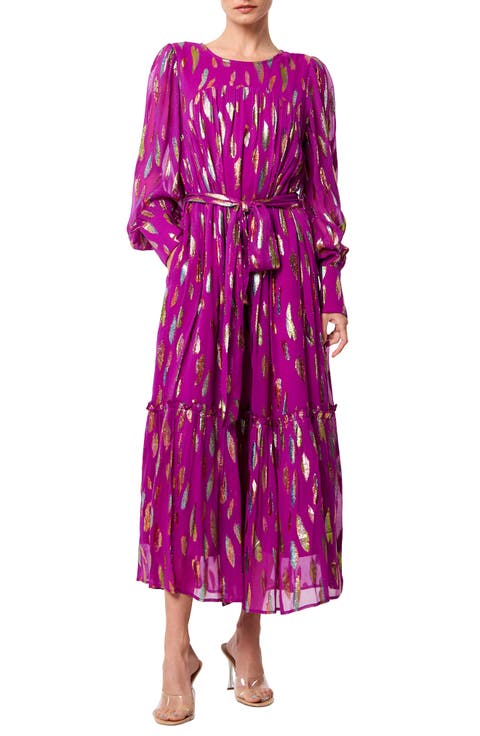 Eryn Metallic Print Tie Waist Long Sleeve Maxi Dress