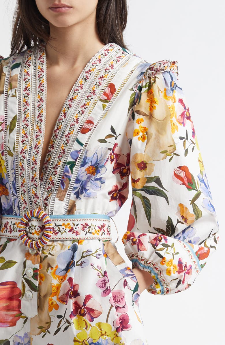 FARM Rio Greek Garden Long Sleeve Plunge Neck Cotton Romper, Alternate, color, White Floral