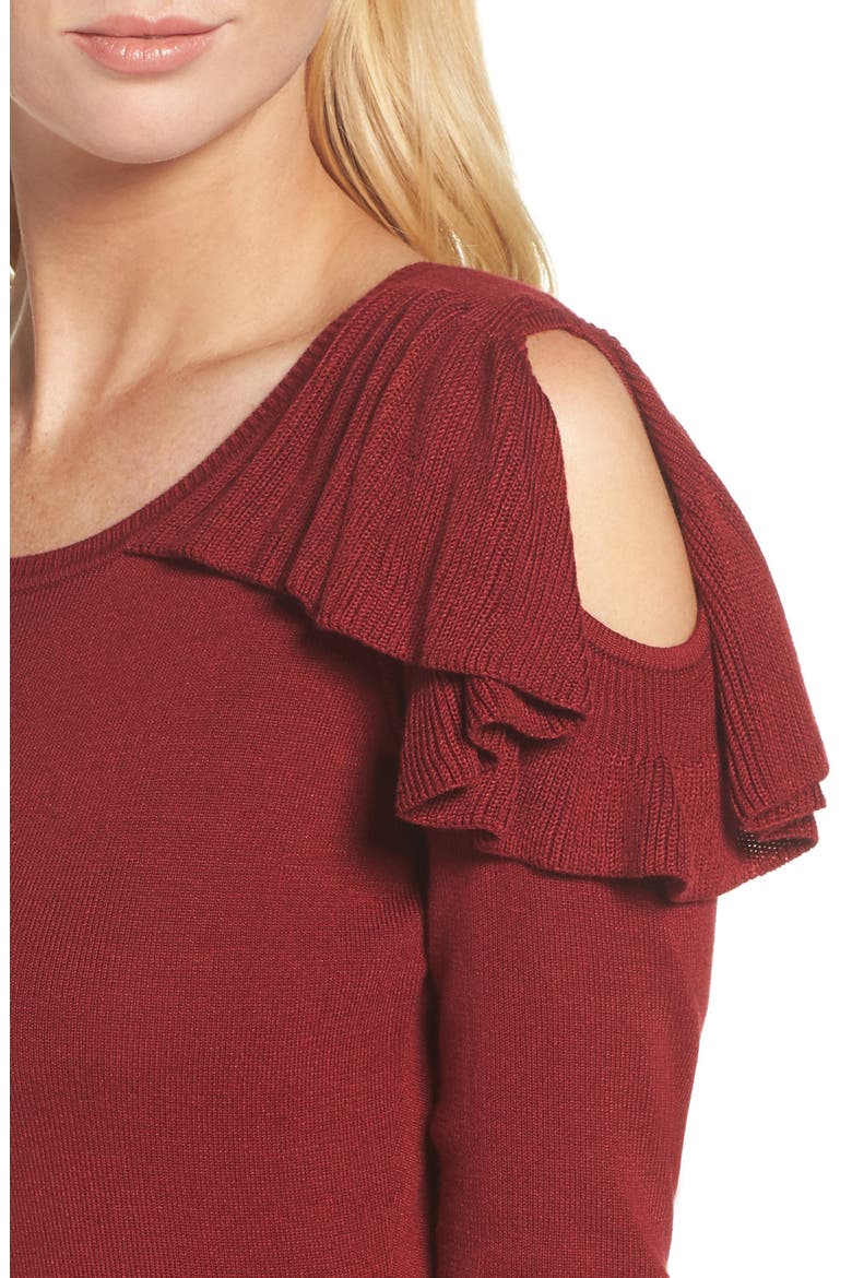 Ruffle Cold Shoulder Sweater Dress, Alternate, color, MERLOT