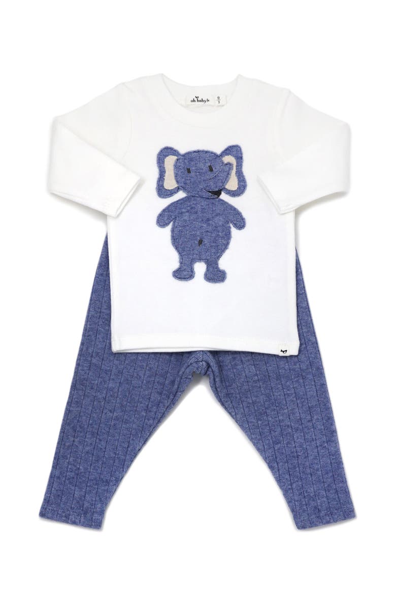Ragdoll Elephant Long Sleeve Cream Tee Mixed Two Piece Set, Main, color, Blue Heather