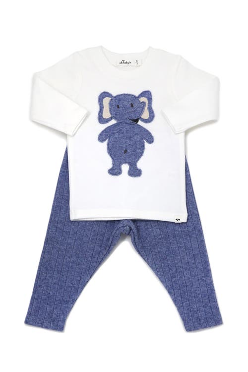 Oh Baby ! Ragdoll Elephant Long Sleeve Cream Tee Mixed Two Piece Set In Blue Heather