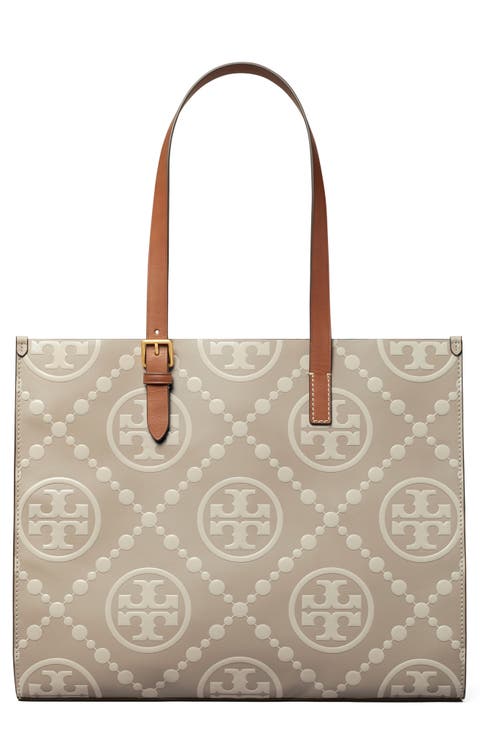 T Monogram Contrast Embossed Leather Tote