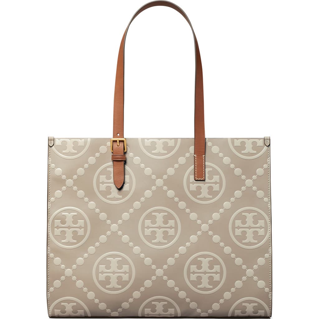 Tory Burch T Monogram Contrast Embossed Leather Tote In Brown