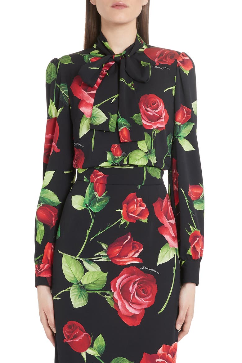 Rose Print Tie Neck Blouse, Main, color, ROSE BLACK