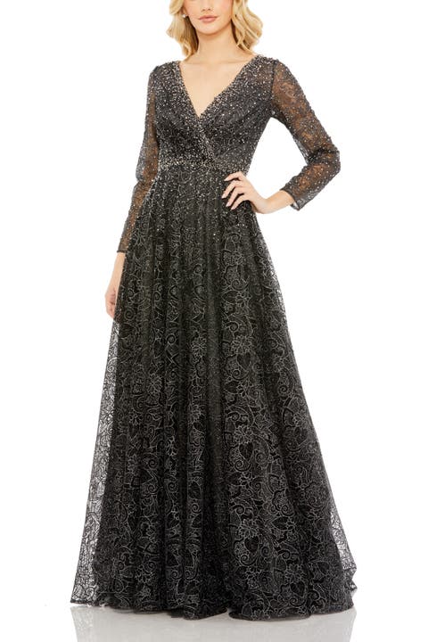 Embellished Illusion Long Sleeve V Neck Gown