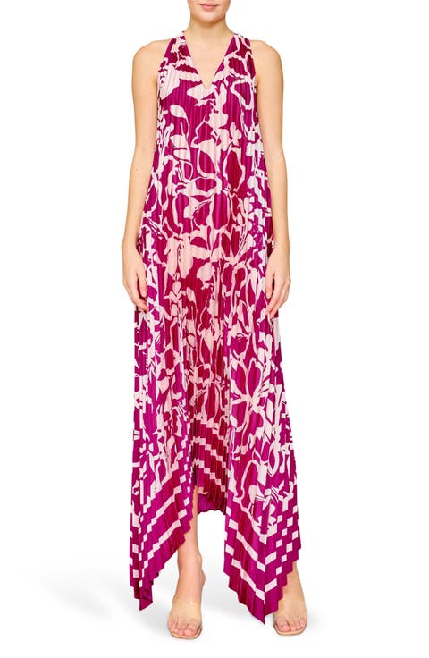 Pleated Floral Satin Maxi Dress
