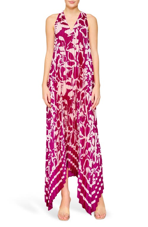 Melloday Pleated Floral Satin Maxi Dress In Magenta/ivory Print