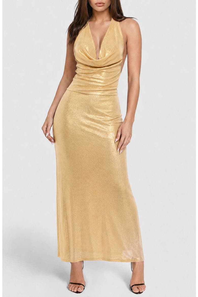 Plunge Metallic Halter Midi Dress, Main, color, GOLD