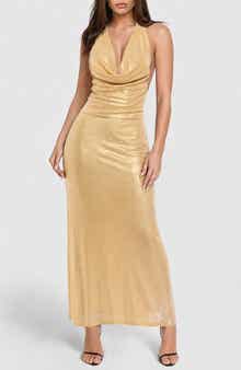 Plunge Metallic Halter Midi Dress
