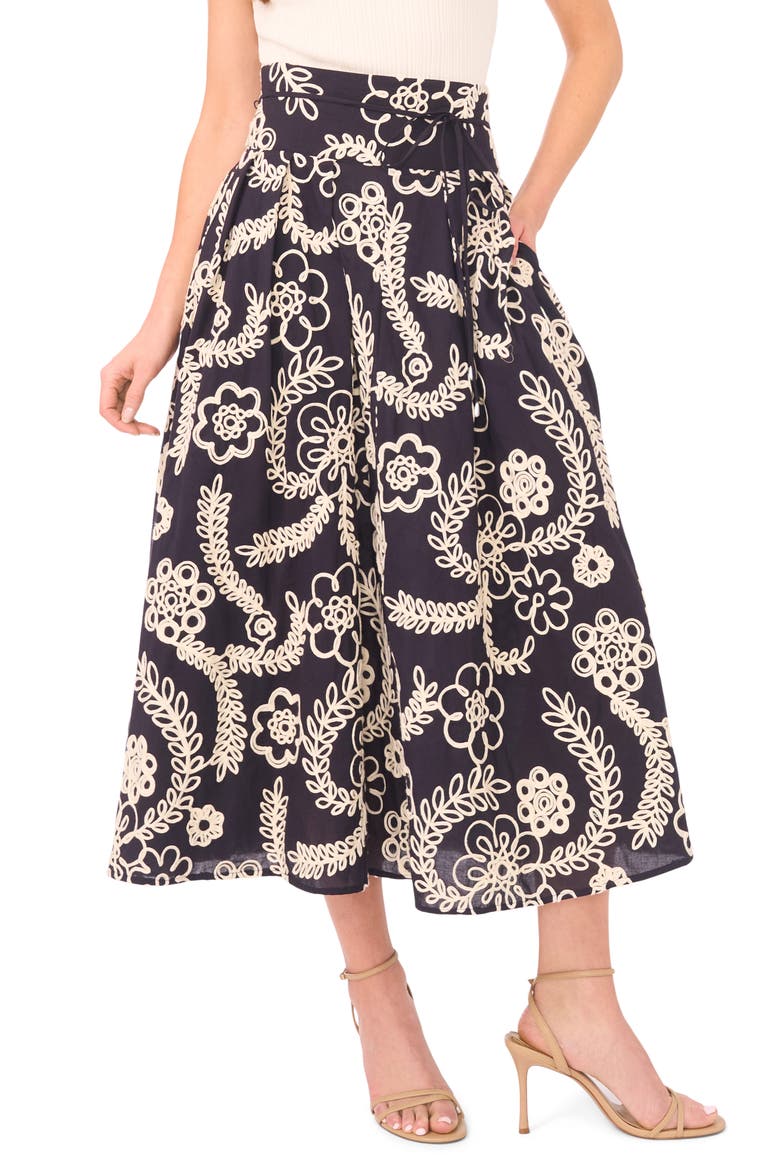 Guinevere Floral Embroidered Cotton Midi Skirt, Main, color, EMERALD BERRY
