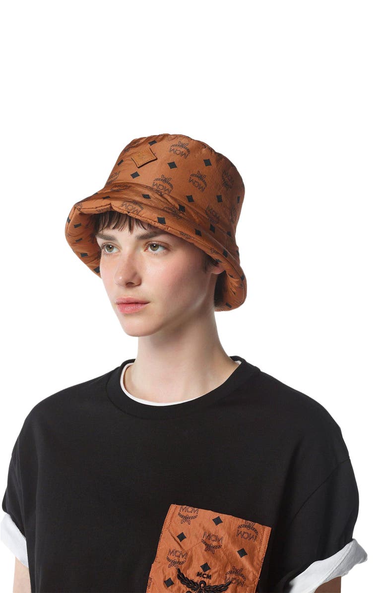 MCM Padded Bucket Hat in Monogram Print ECONYL<sup>®</sup>, Alternate, color, Cognac