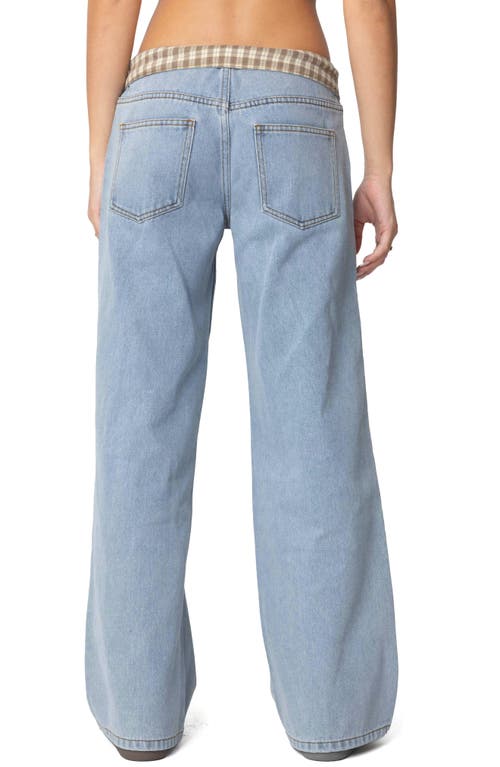 Edikted Peekaboo Plaid Low Rise Wide Leg Jeans In Light-blue