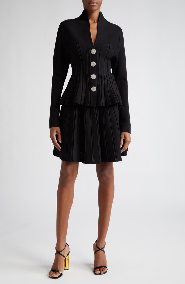 Balmain Crystal Button Peplum Rib Cardigan, Alternate, color,