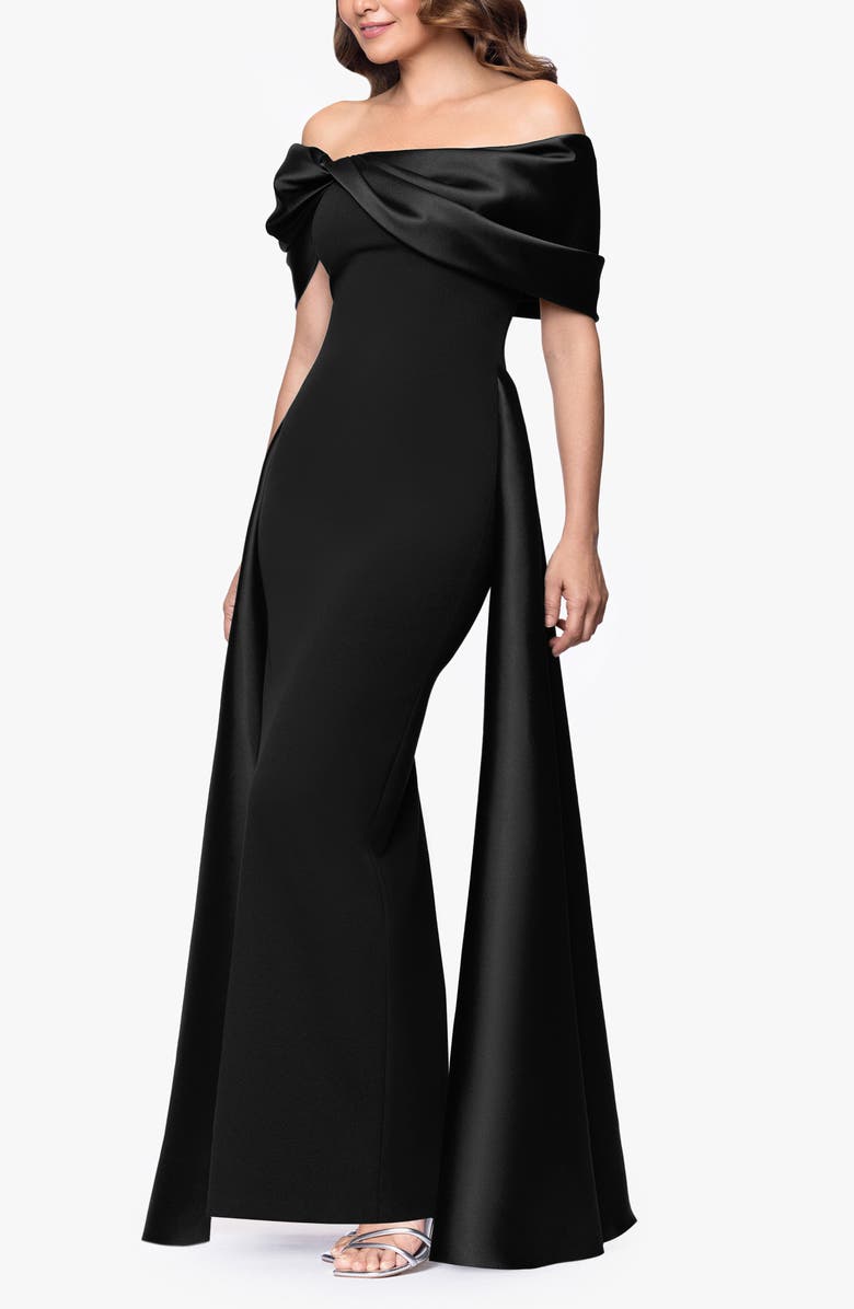 Betsy & Adam Off the Shoulder Cape Detail Gown, Alternate, color,