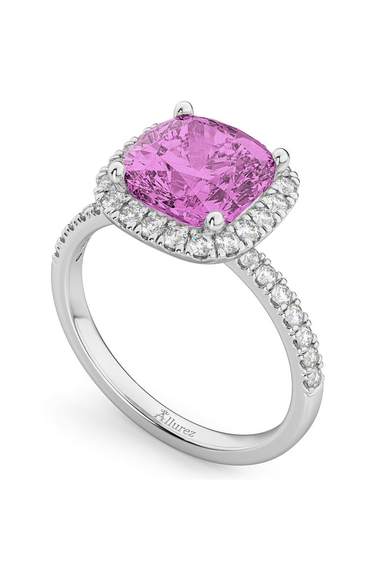 Cushion Cut Halo Lab Pink Sapphire & Lab Diamond Engagement Ring 14k, Alternate, color, 3.11ct/White Gold