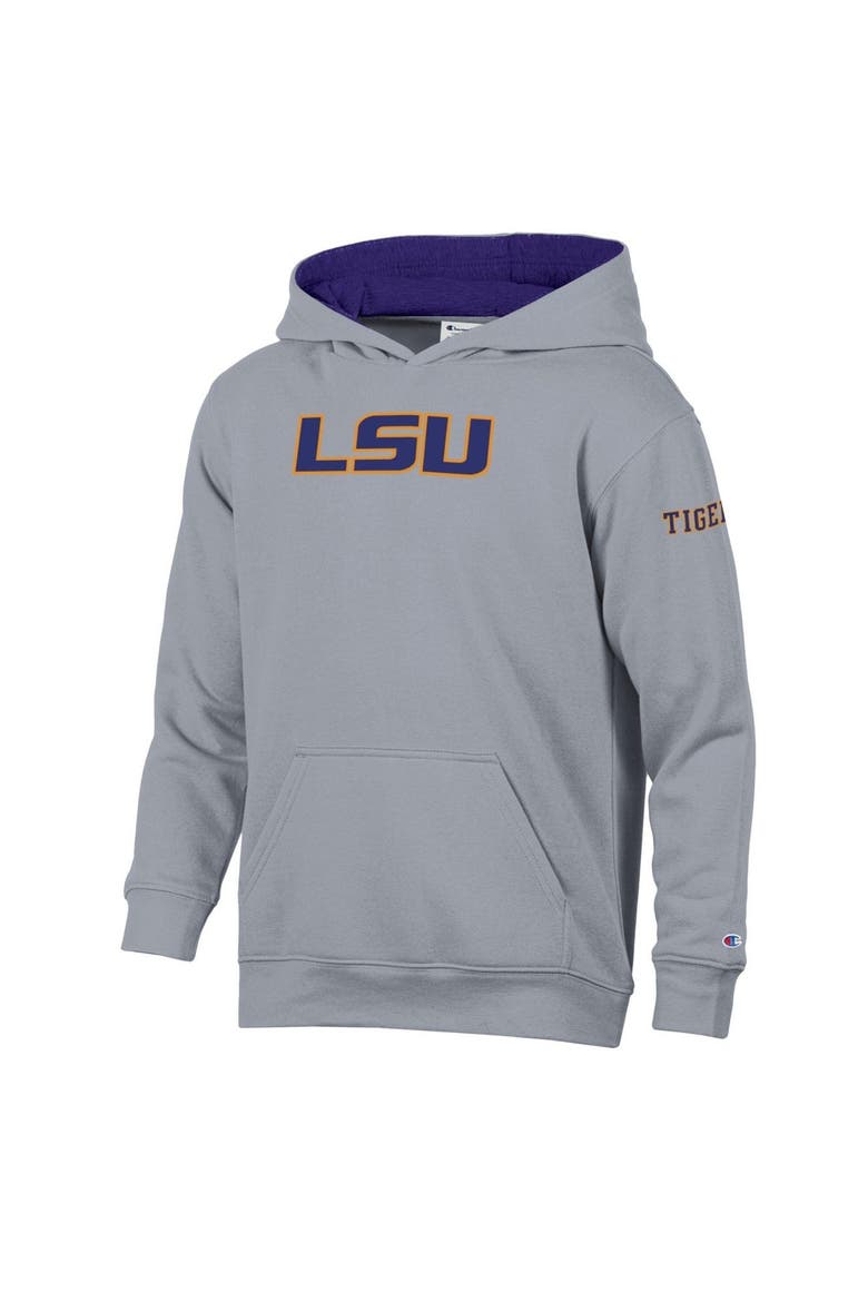 Youth Champion  Heather Gray/Purple LSU Tigers Volume Fleece Hoodie, Main, color, Heather Gray