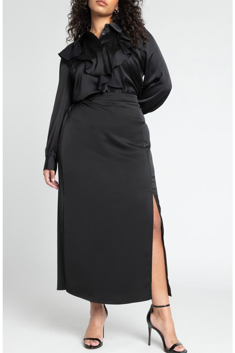 Ruffle Front Long Sleeve Satin Top, Alternate, color, BLACK ONYX