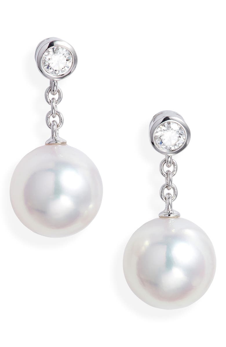 Mikimoto Diamond & Pearl Drop Earrings, Main, color, White Gold