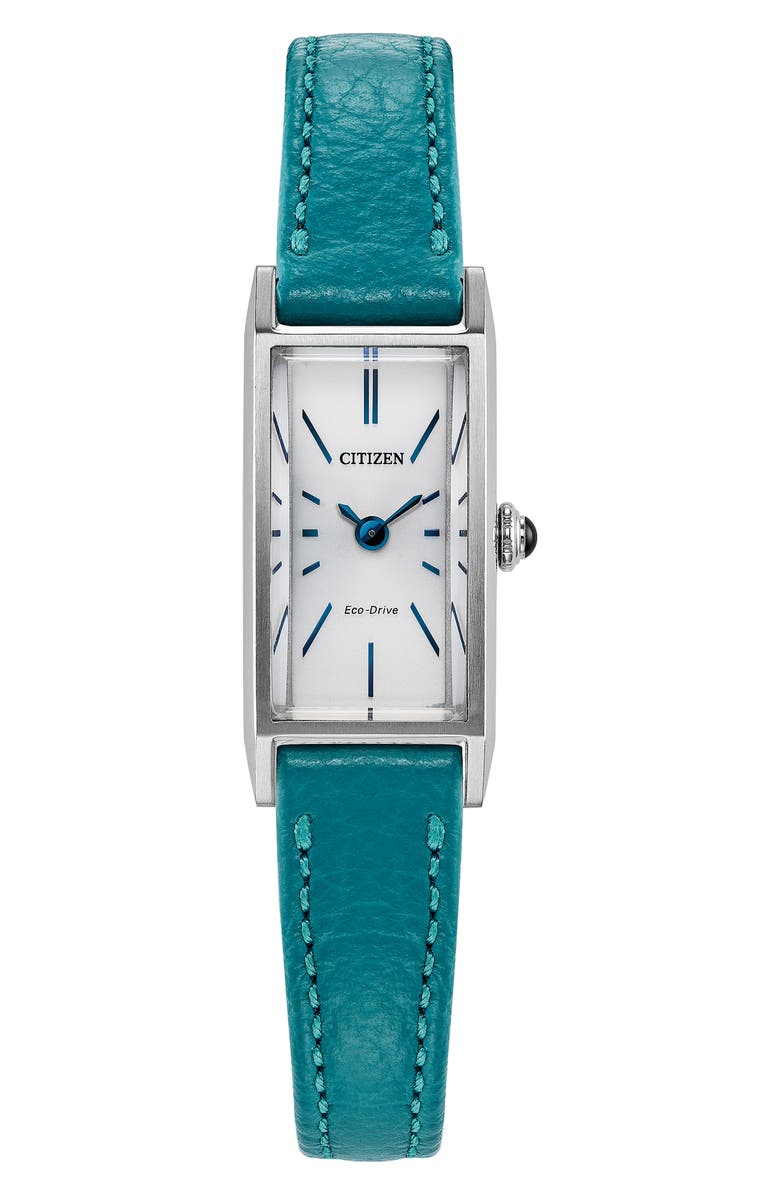 Citizen Fio Tank Aquamarine Leather Strap Watch, 14.3mm x 30.7mm, Main, color,