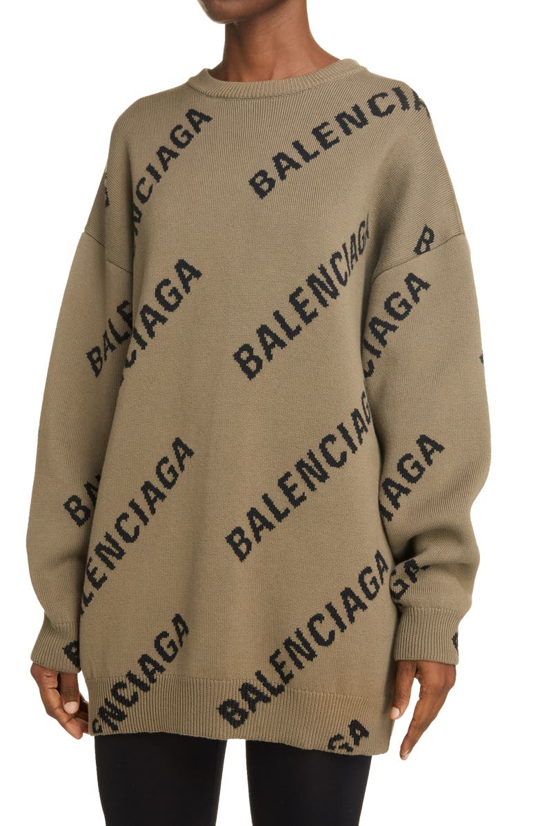 Balenciaga Logo Intarsia Oversize Crewneck Sweater, Alternate, color, 