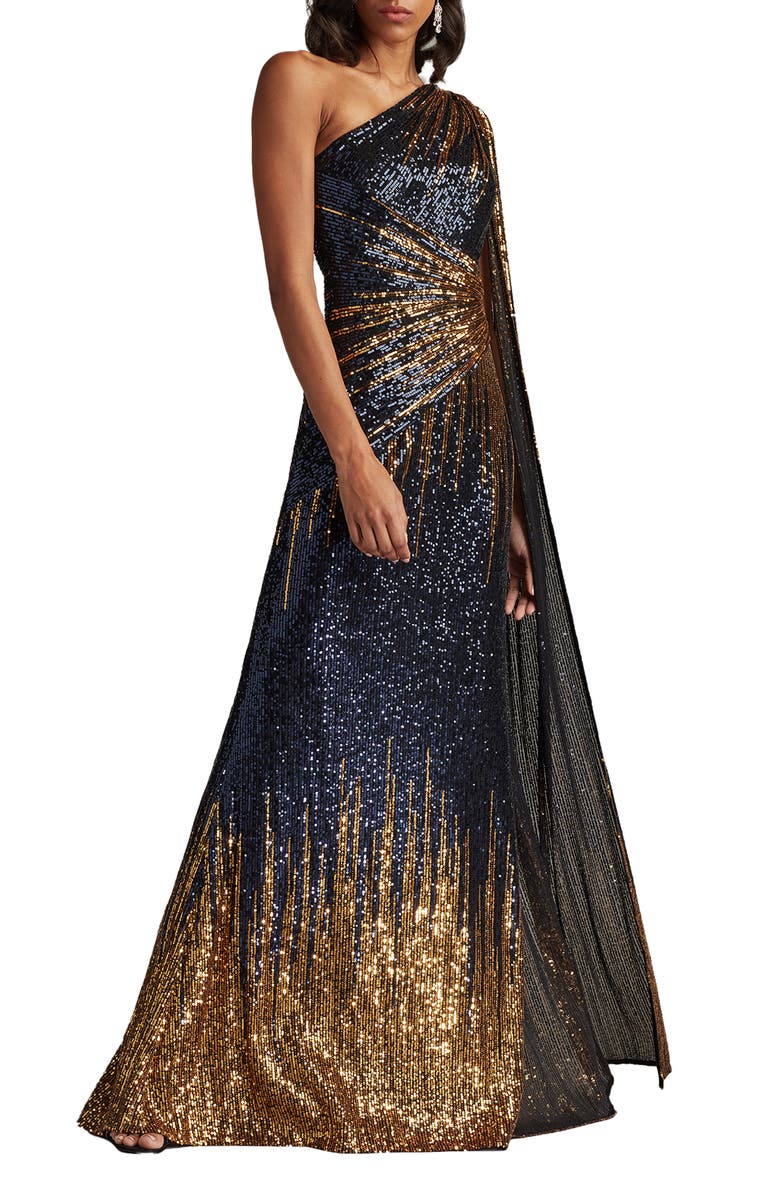 Tadashi Shoji One-Shoulder Ombré Sequin Gown, Main, color, Navy Ombre