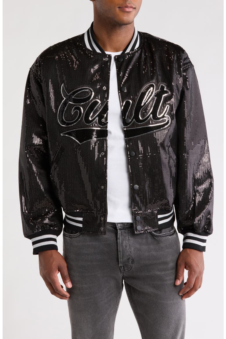 Sequin Baseball Jacket, Main, color, BLACK
