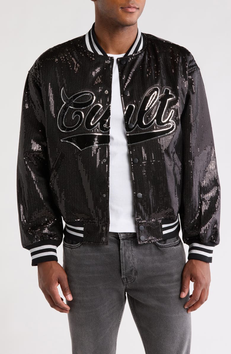 Cult of Individuality Sequin Baseball Jacket, Main, color, Black