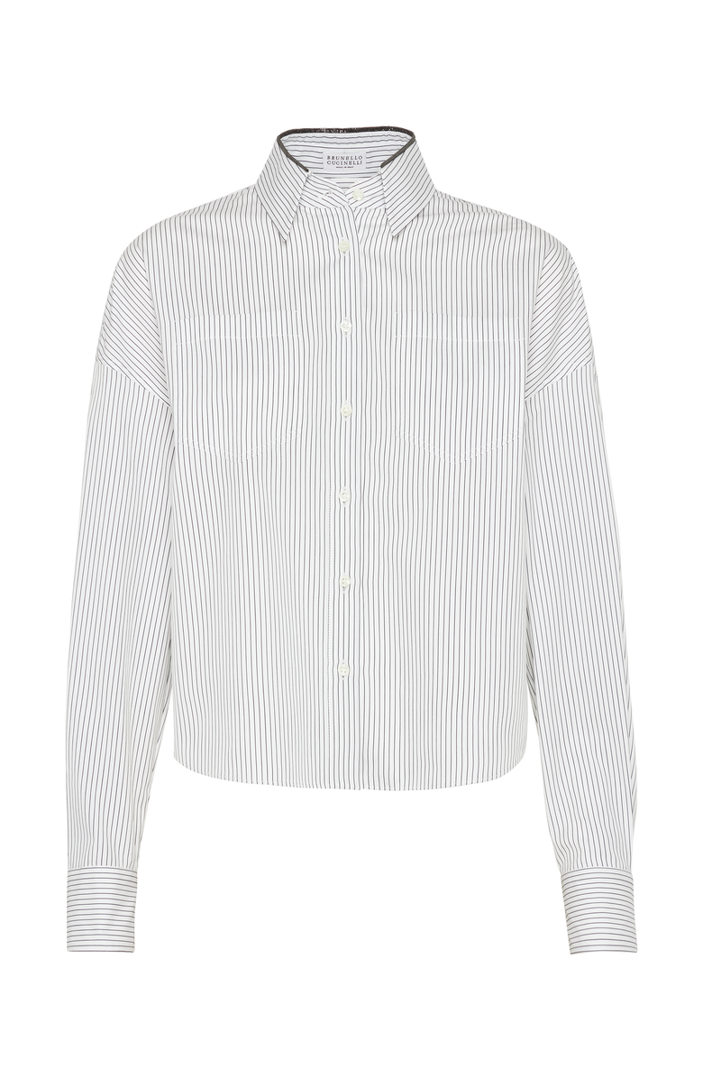 Brunello Cucinelli Cotton and silk chalk stripe poplin shirt with shiny collar detail, Main, color, 