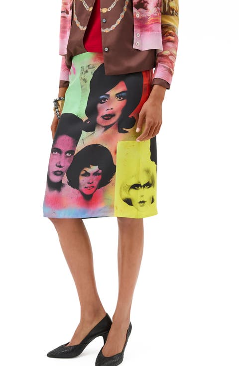 Print Silk Twill Pencil Skirt