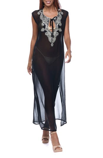 Ranee's Ranees Embellished Sheer Cover-up Dress In Black
