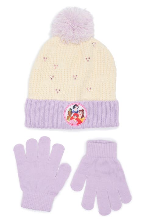 Kids' Princess Faux Fur Pompom Beanie & Gloves Set (Big Kid)