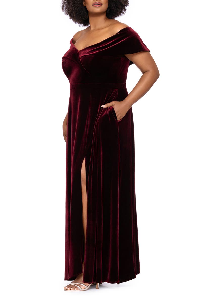 Portrait Collar Velvet Gown, Alternate, color, BURGUNDY