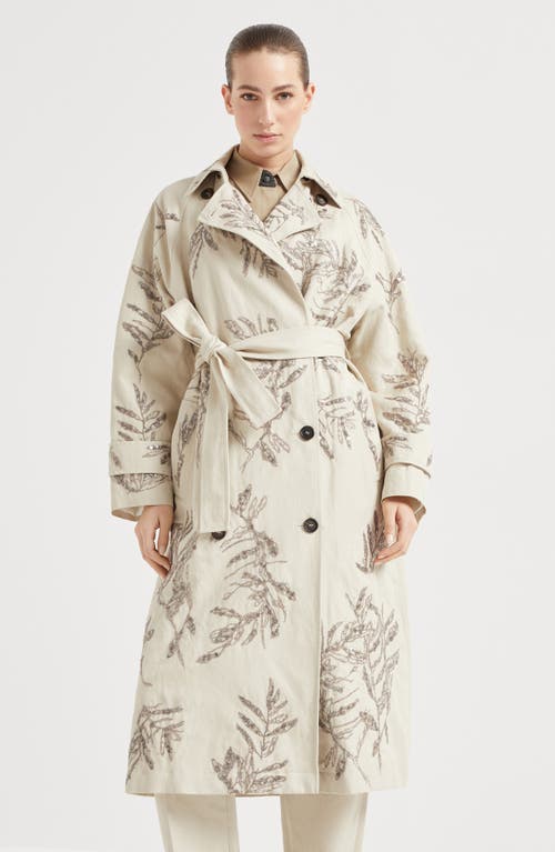 Brunello Cucinelli Cotton-linen Floral Trench Coat In Beige