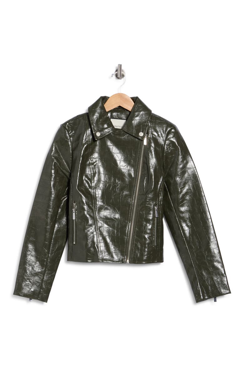 Croc Embossed Faux Leather Moto Jacket, Main, color, DEEP OLIVE