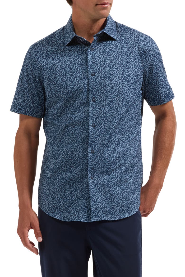 Miles OoohCotton® Leaf Print Short Sleeve Button-Up Shirt, Main, color, NAVY