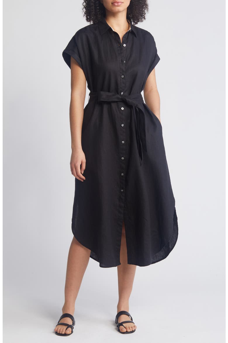 Coastalina Linen Midi Shirtdress, Main, color, BLACK