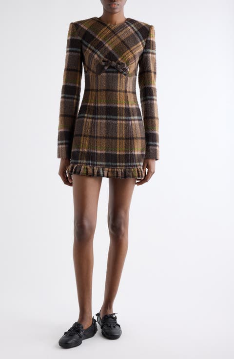 Delfin Plaid Long Sleeve Wool Blend Minidress