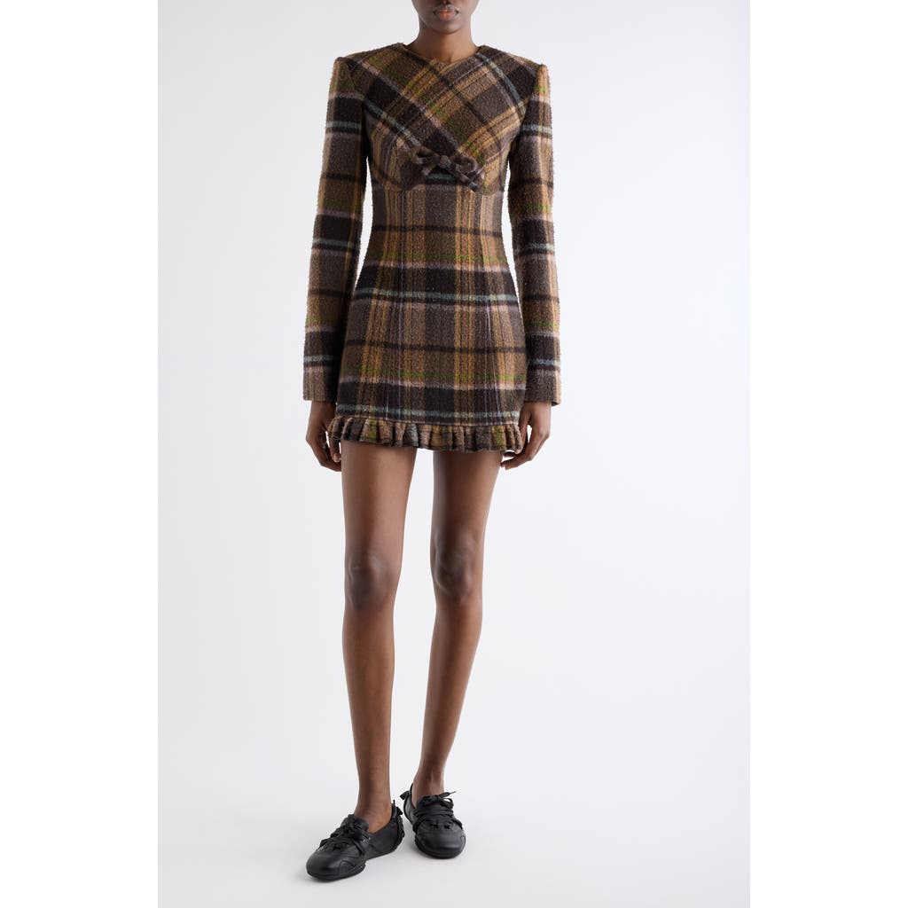 Acne Studios Delfin Plaid Long Sleeve Wool Blend Minidress In Brown