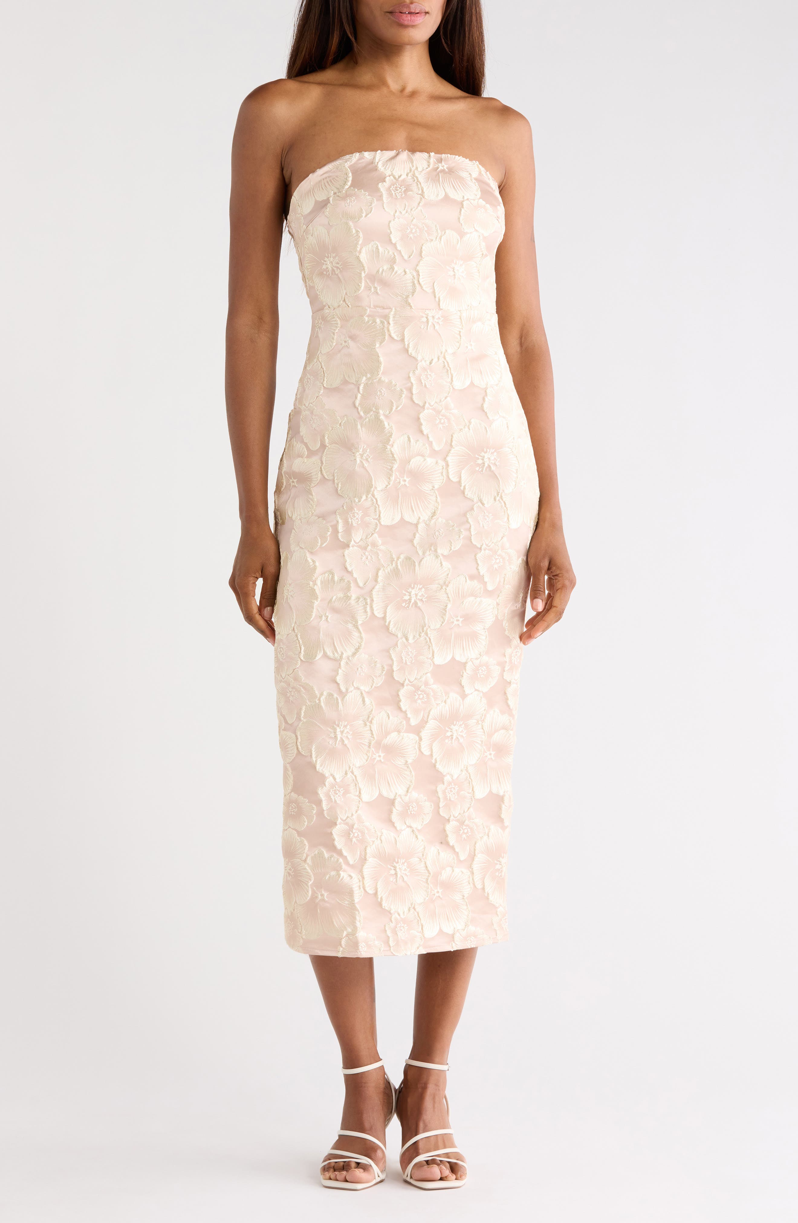 Lulus Isla Floral Jacquard Strapless Midi Dress