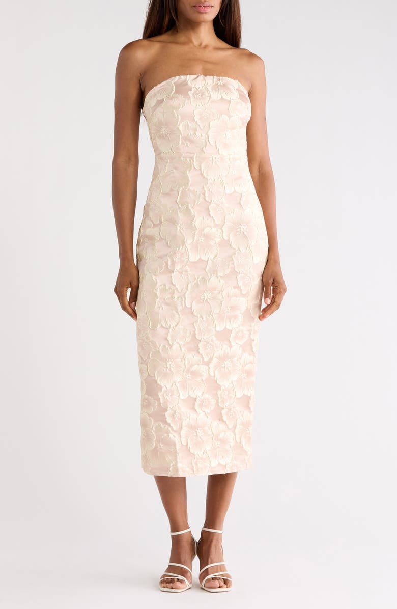 Lulus Isla Floral Jacquard Strapless Midi Dress, Main, color, Champagne
