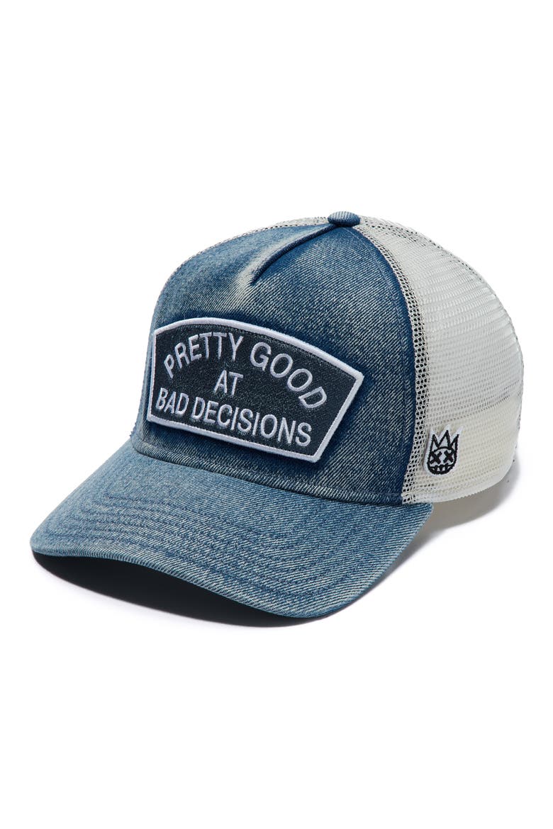 Good at Bad Decisions Denim Trucker Hat, Main, color, DENIM