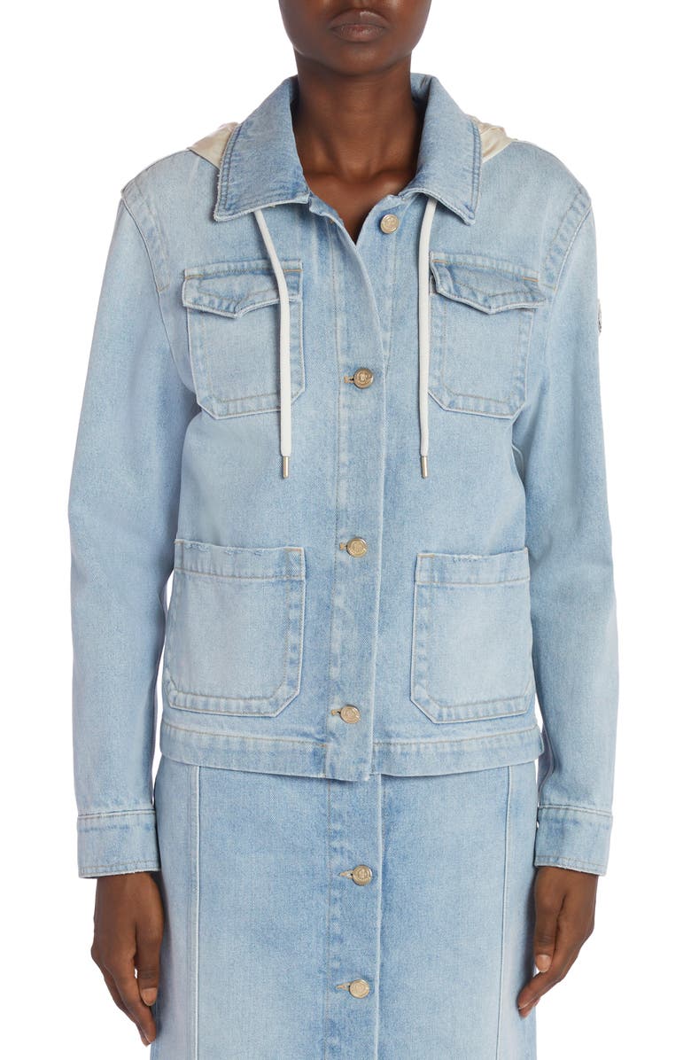 Moncler Melissa Mixed Media Hooded Denim Jacket, Alternate, color, 