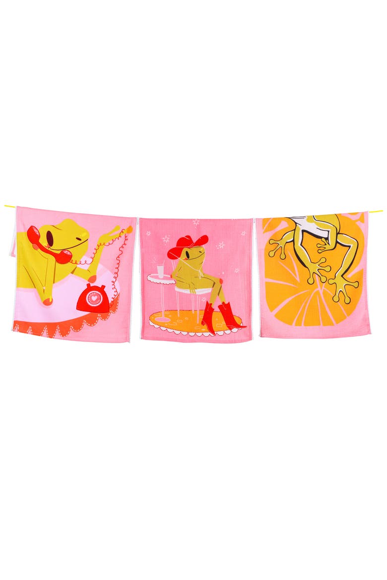Lily Pad Luncheon Set of 3 Kitchen Towels, Main, color, PINK/ GREEN/ ORANGE