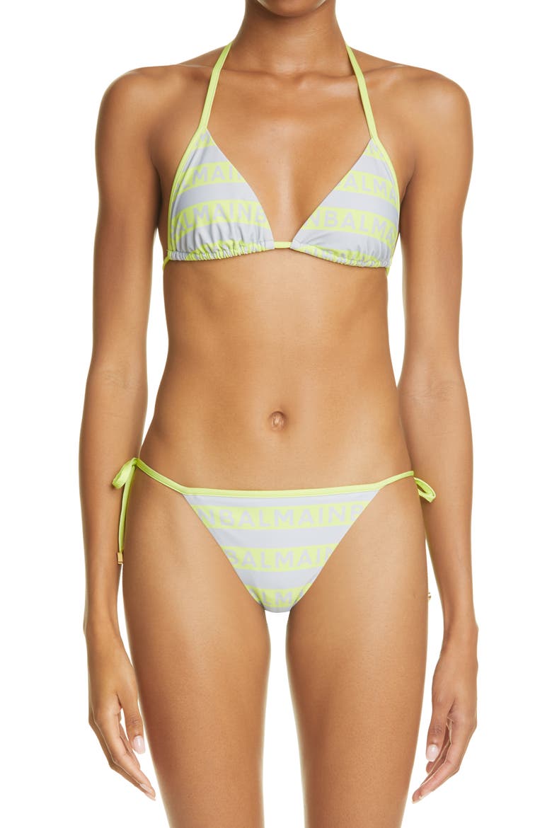 Logo Stripe Two-Piece Swimsuit, Main, color, GREY/ LIME