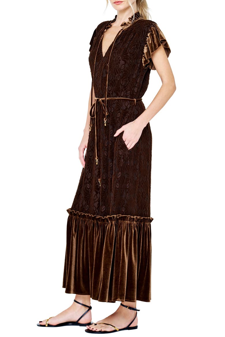 Hilma Velvet Trim Lace Maxi Dress, Alternate, color, BROWN