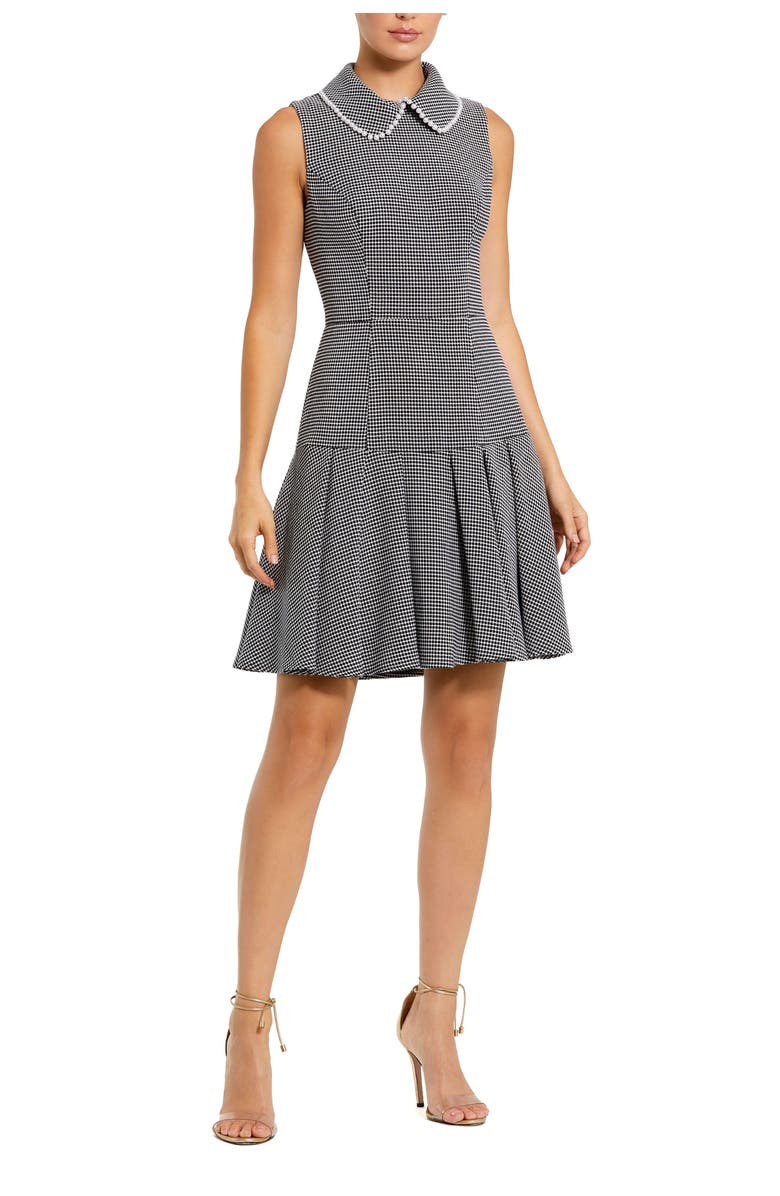 Mac Duggal Sleeveless Collared Bouclé Mini Dress With Pleats, Main, color, Black White