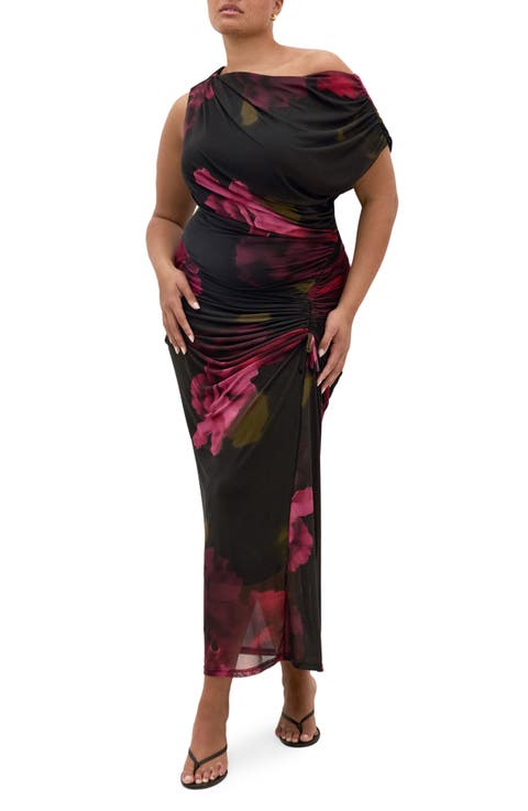 Abstract Floral One-Shoulder Mesh Dress (Plus)