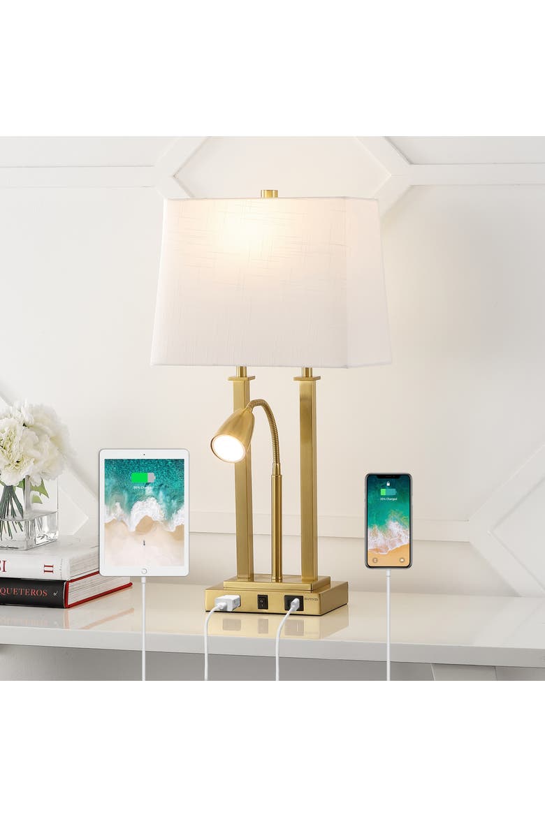 Blaire 23.75" 2-Light Modern Farmhouse Metal LED Table Lamp with USB Charging port, Alternate, color, Brass Gold