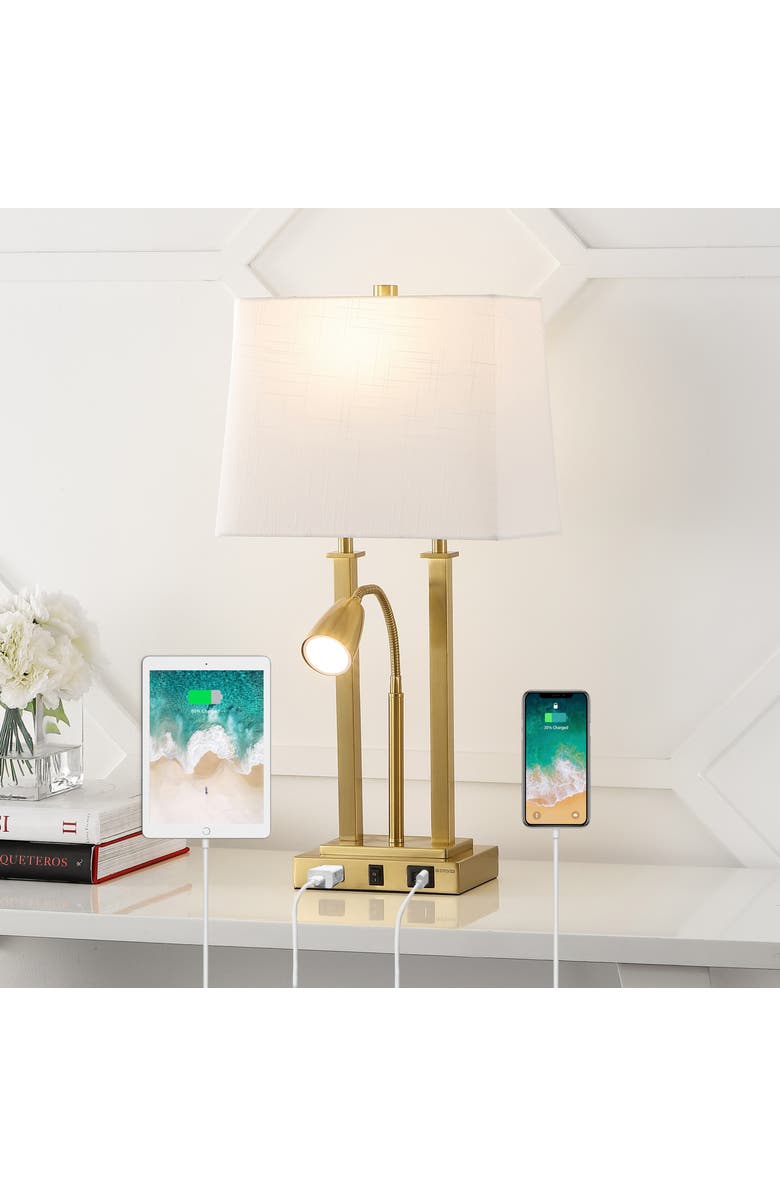 JONATHAN Y Blaire 23.75" 2-Light Modern Farmhouse Metal LED Table Lamp with USB Charging port, Alternate, color, Brass Gold