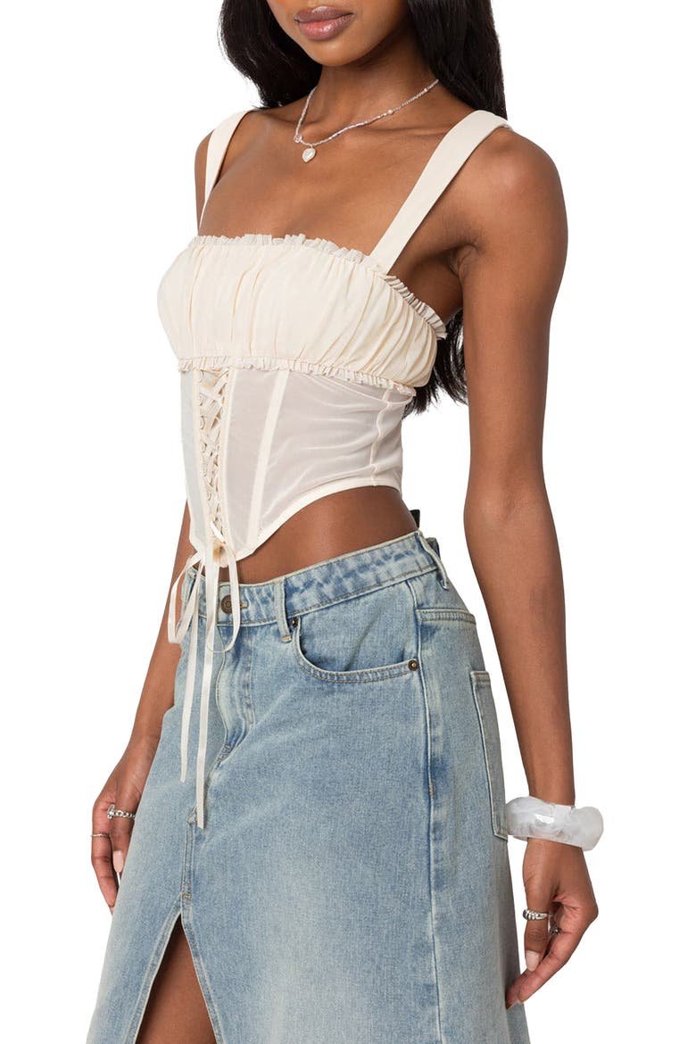 Dafne Shirred Bust Sheer Mesh Corset Top, Alternate, color, BEIGE